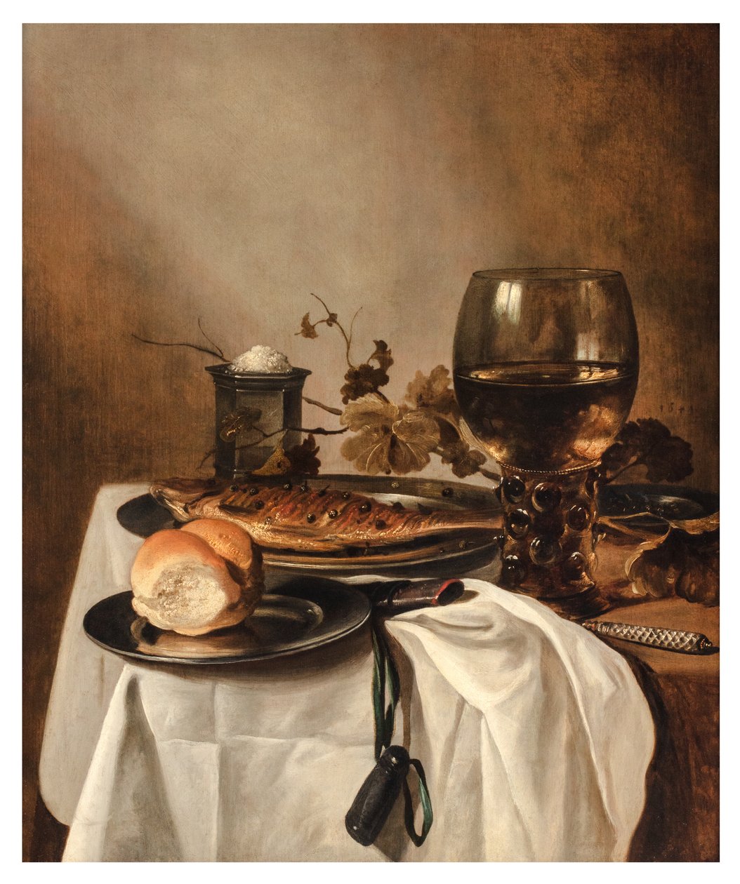 A Roll, Herring, Silver Saltcellar, Large Roemer and Knife on a Draped Table by Pieter Claesz