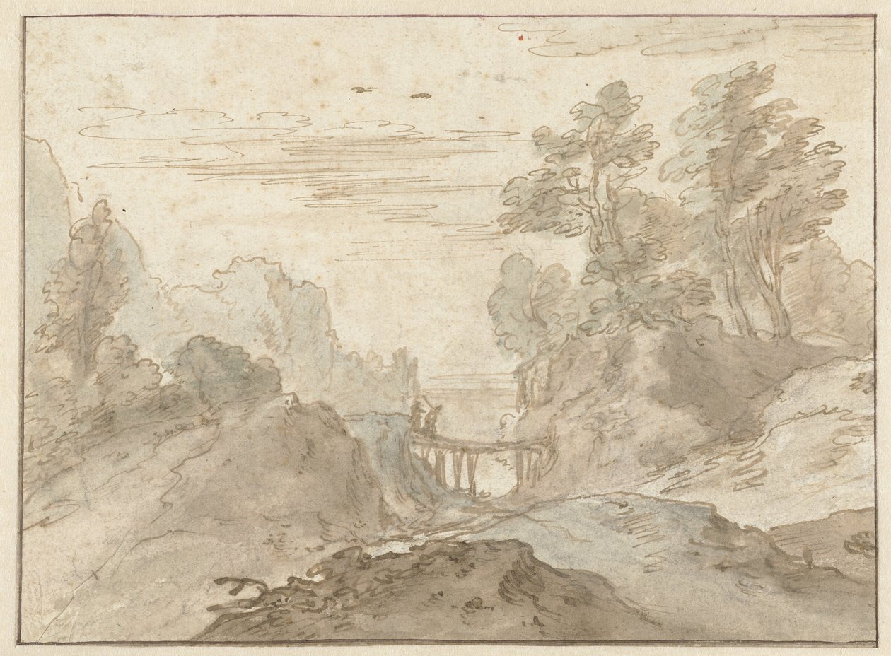 Mountain Landscape with Two Figures on a Narrow Bridge by Pieter Dircksz van Santvoort (possibly)