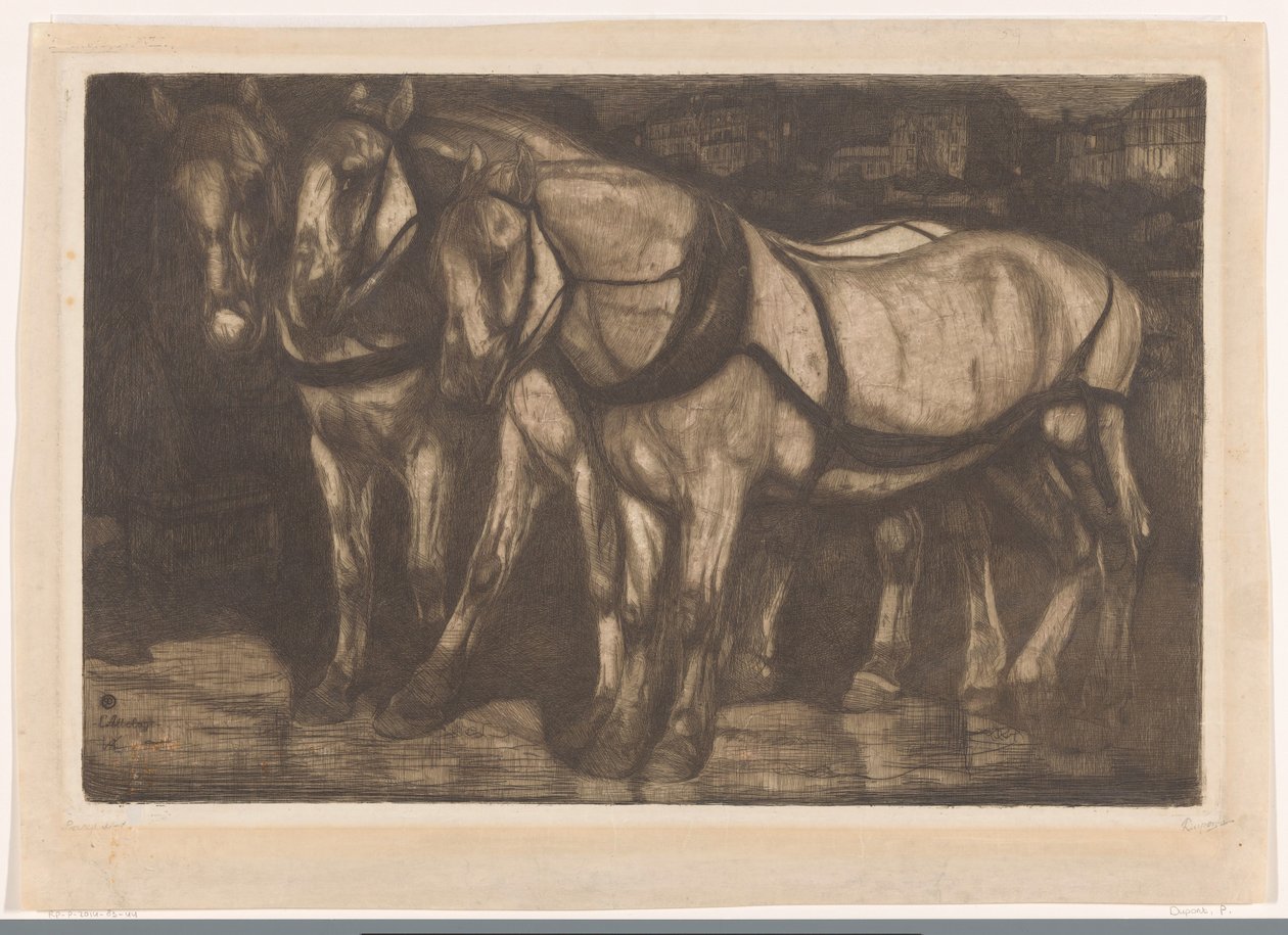Three Omnibus Horses in a Square in Paris by Pieter Dupont (signed by artist)