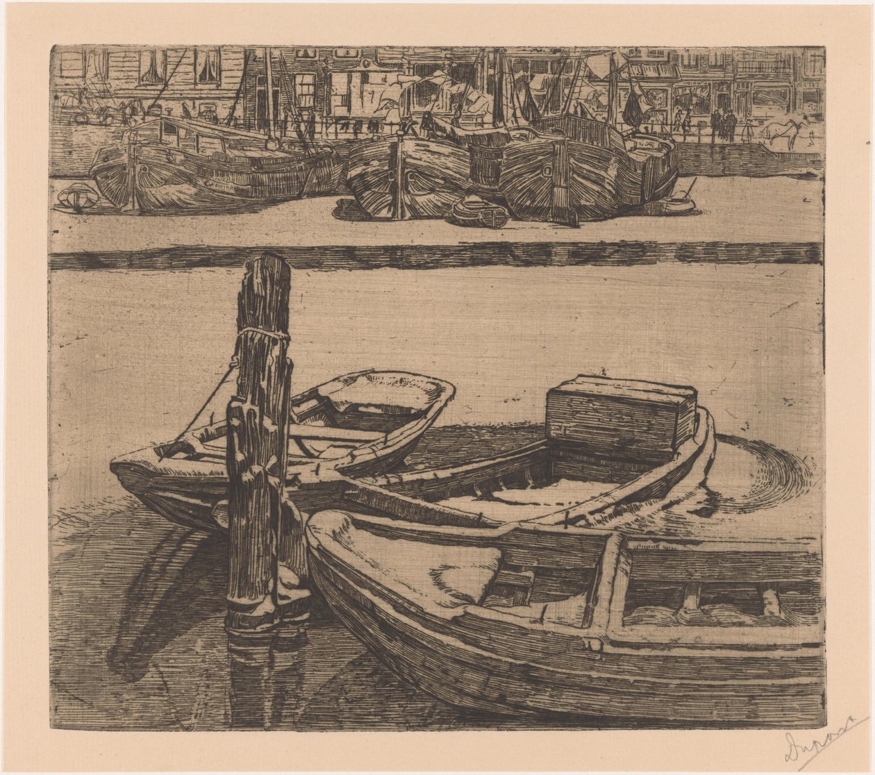 Ships in the Damrak in Amsterdam by Pieter Dupont (signed by artist)