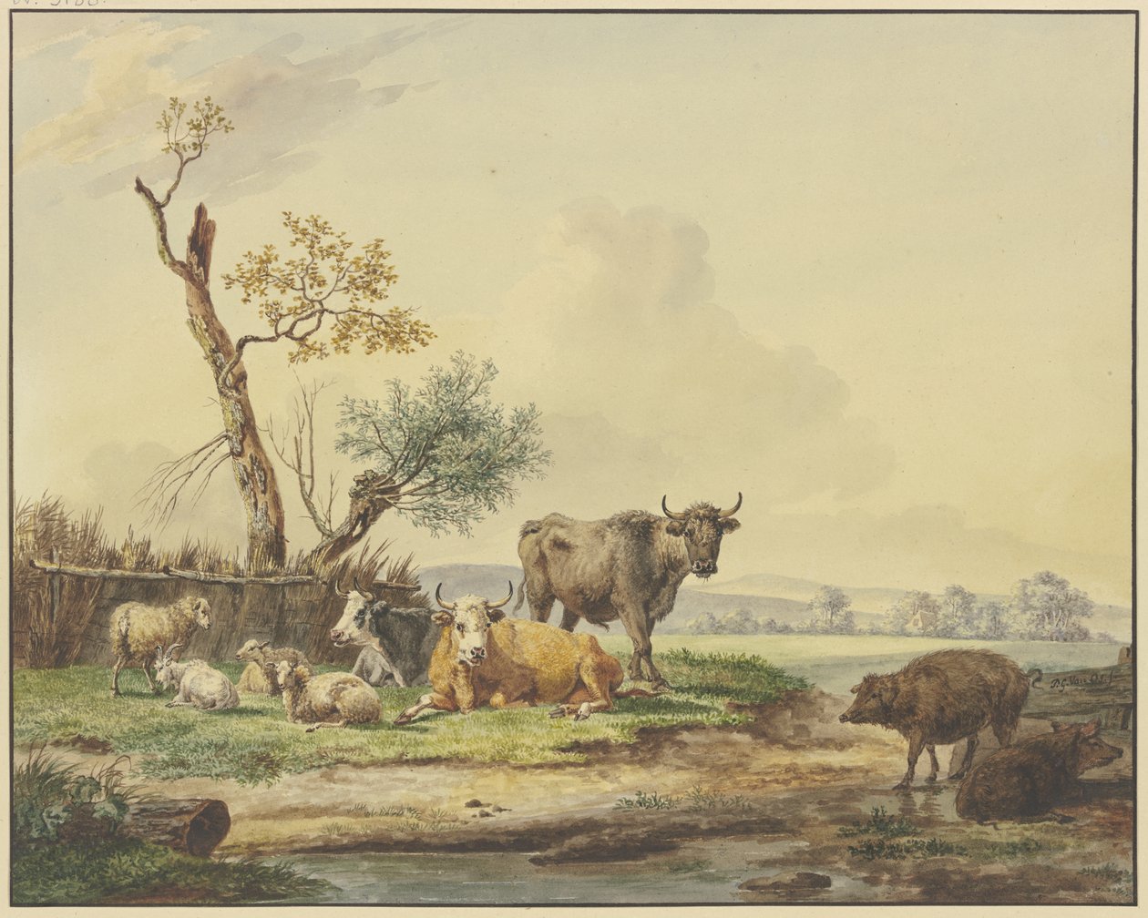 Livestock in a Pasture by a Fence, Two Pigs at Right by Pieter Gerardus van Os