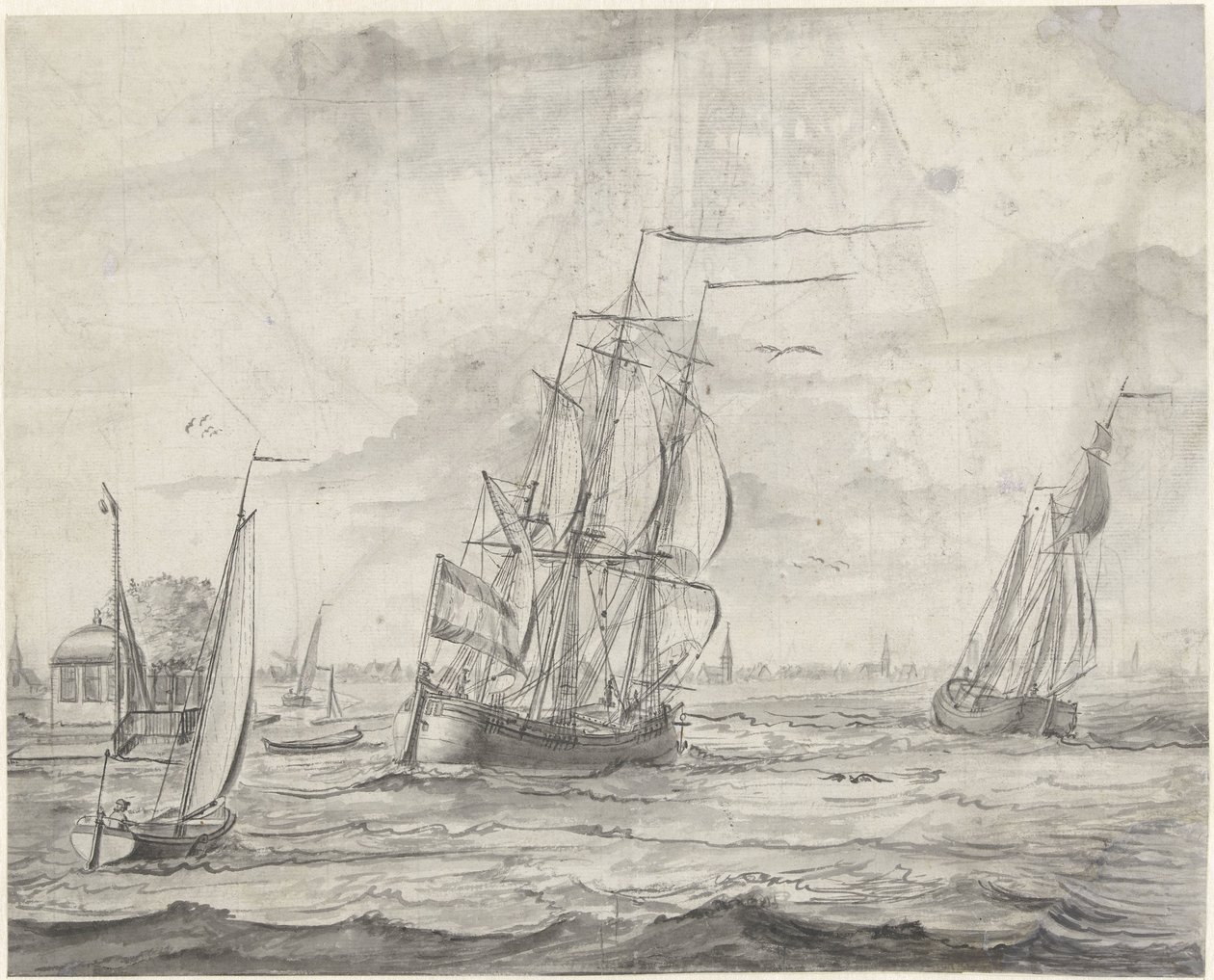 Inland Water with Ships, a Town in the Distance by Pieter Idserts