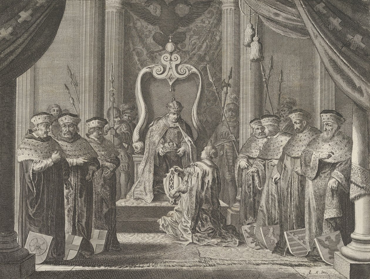 Plate 8: Emperor Maximilian II granting a crown to the coat of arms of Amsterdam by Pieter Nolpe