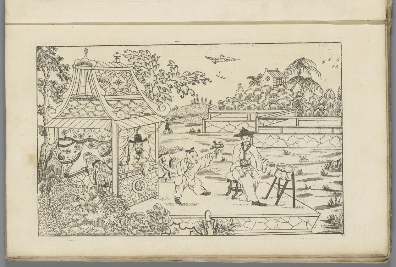 Chinese Drummer on Plateau in Landscape by Pieter Schenk (II)