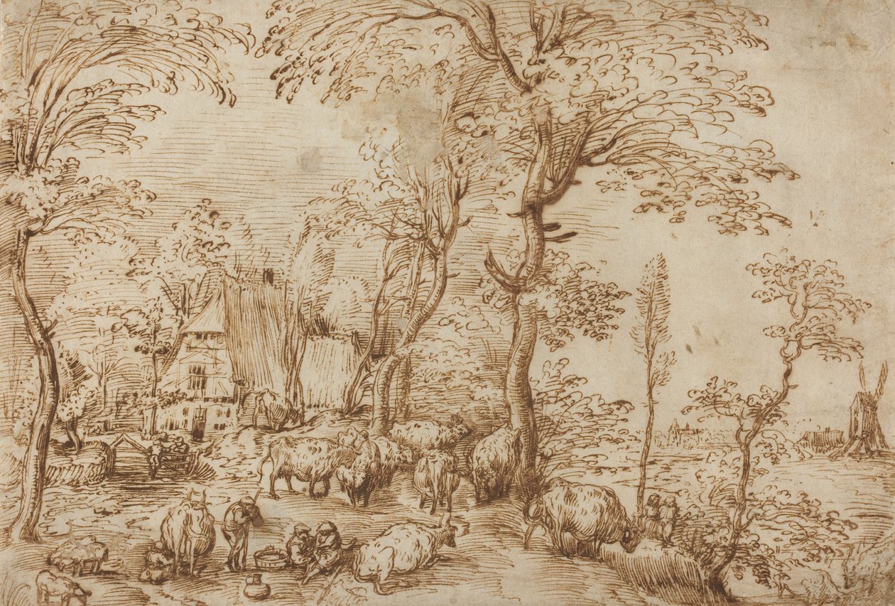 Peasants and Cattle Near a Farmhouse by Pieter Bruegel the Elder
