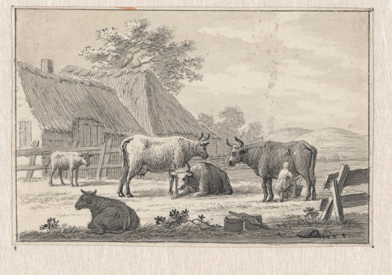 Farmyard with a Milking Maid by Pieter de Goeje