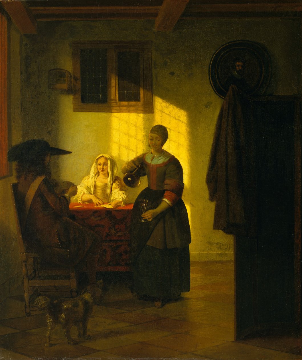 A Couple Playing Cards, with a Serving Woman by Pieter de Hooch