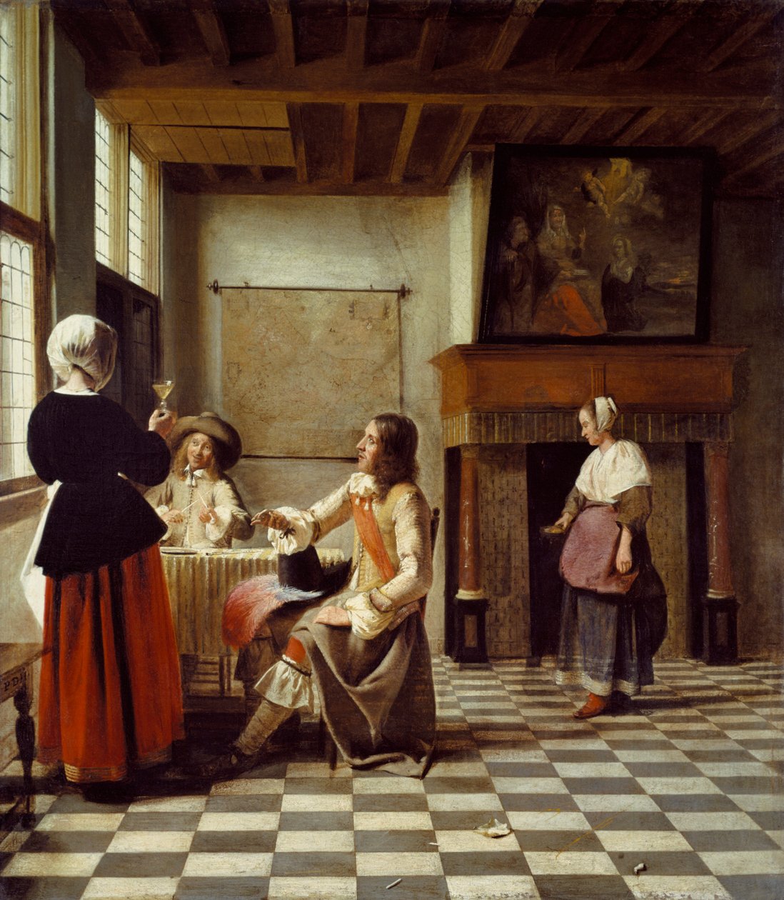 An Interior, with a Woman drinking with Two Men, and a Maidservant by Pieter de Hooch