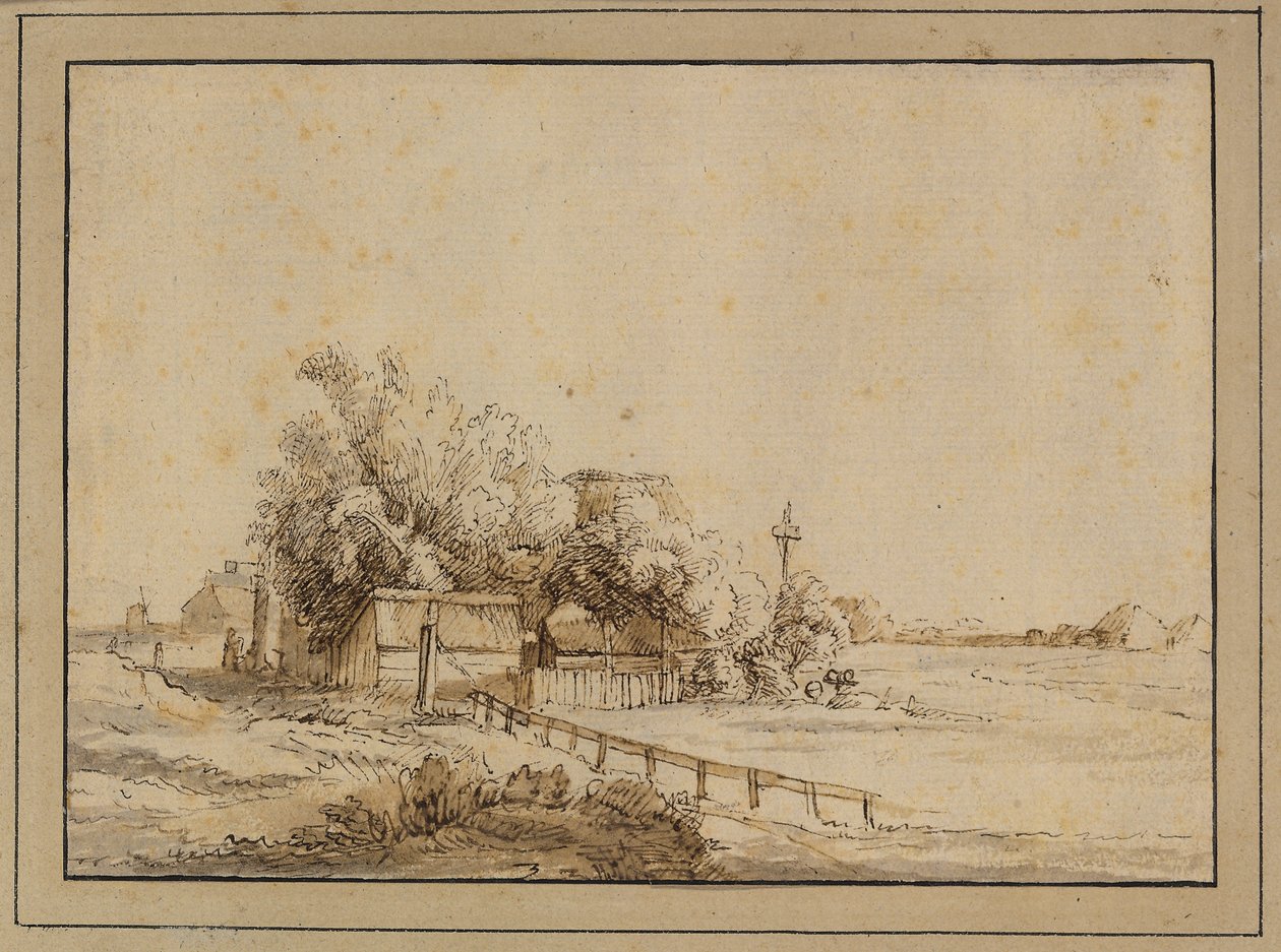 Figures Outside an Inn, Farm Buildings and the Pole of a Dovecote, Outside Amsterdam by Pieter de With