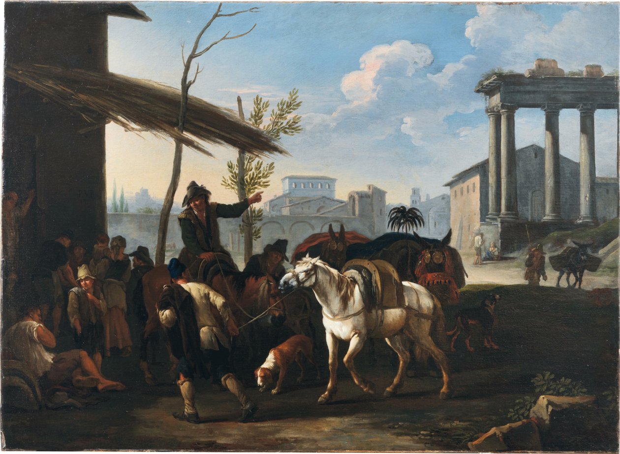 Peasants Outside an Inn, a Town and Ancient Ruins Beyond by Pieter van Bloemen