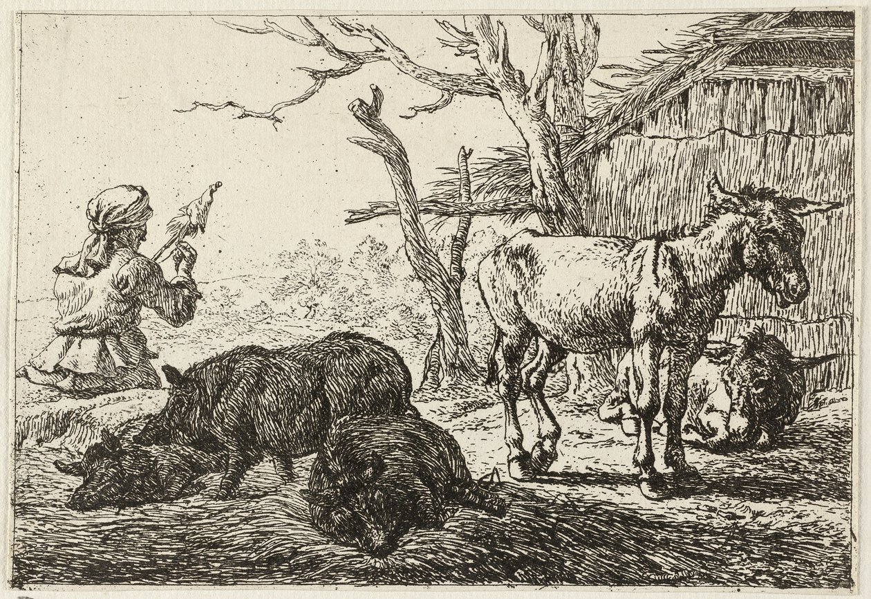 Swines and Donkeys at a Stable, to the Left a Woman-Spinner by Pieter van Laer