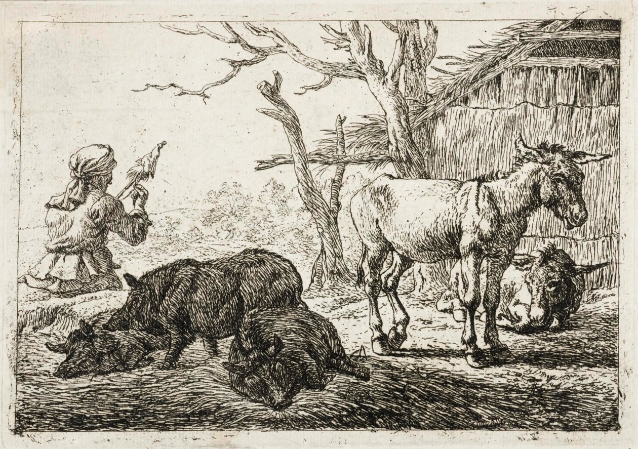 Swines and Donkeys at a Stable, to the Left a Woman-Spinner by Pieter van Laer