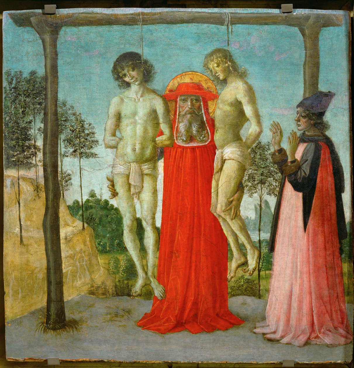 Saint Jerome supporting two hanged young men by Pietro (studio of) Perugino