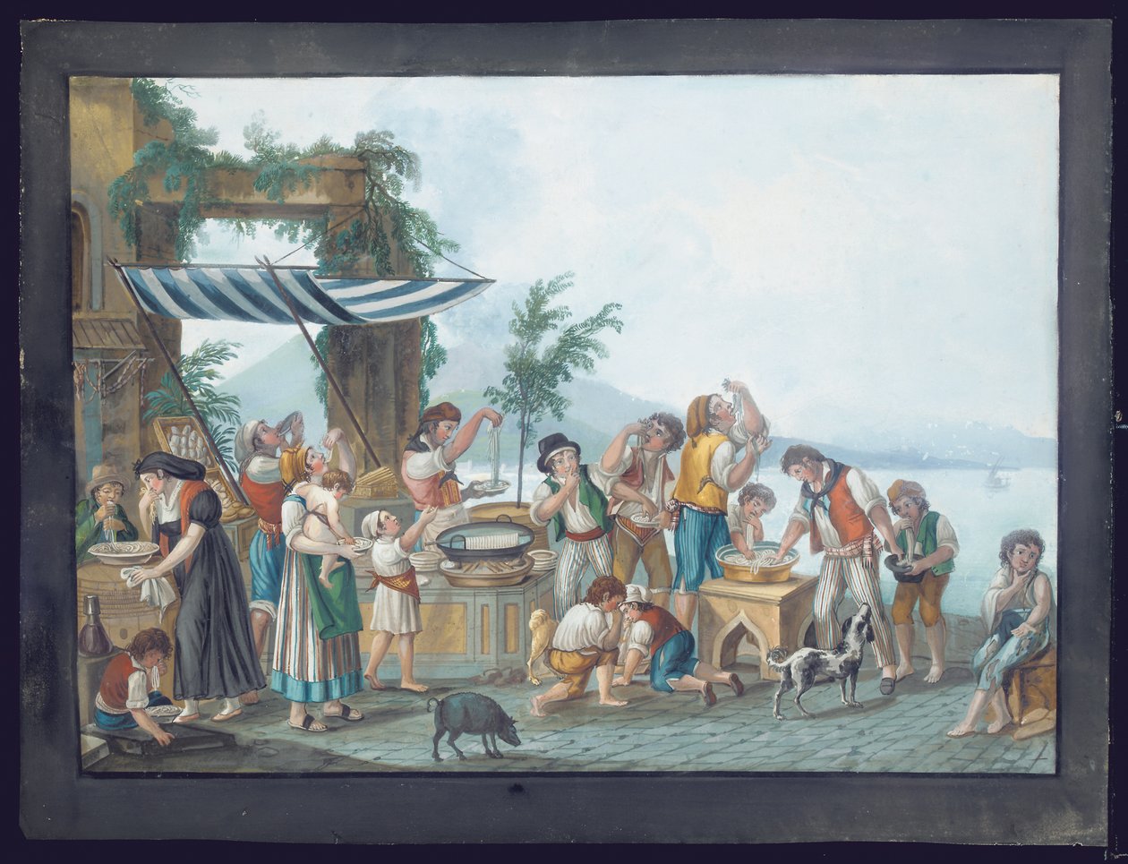 Spaghetti Eaters on the Bay of Naples, Vesuvius in the Background by Pietro Fabris