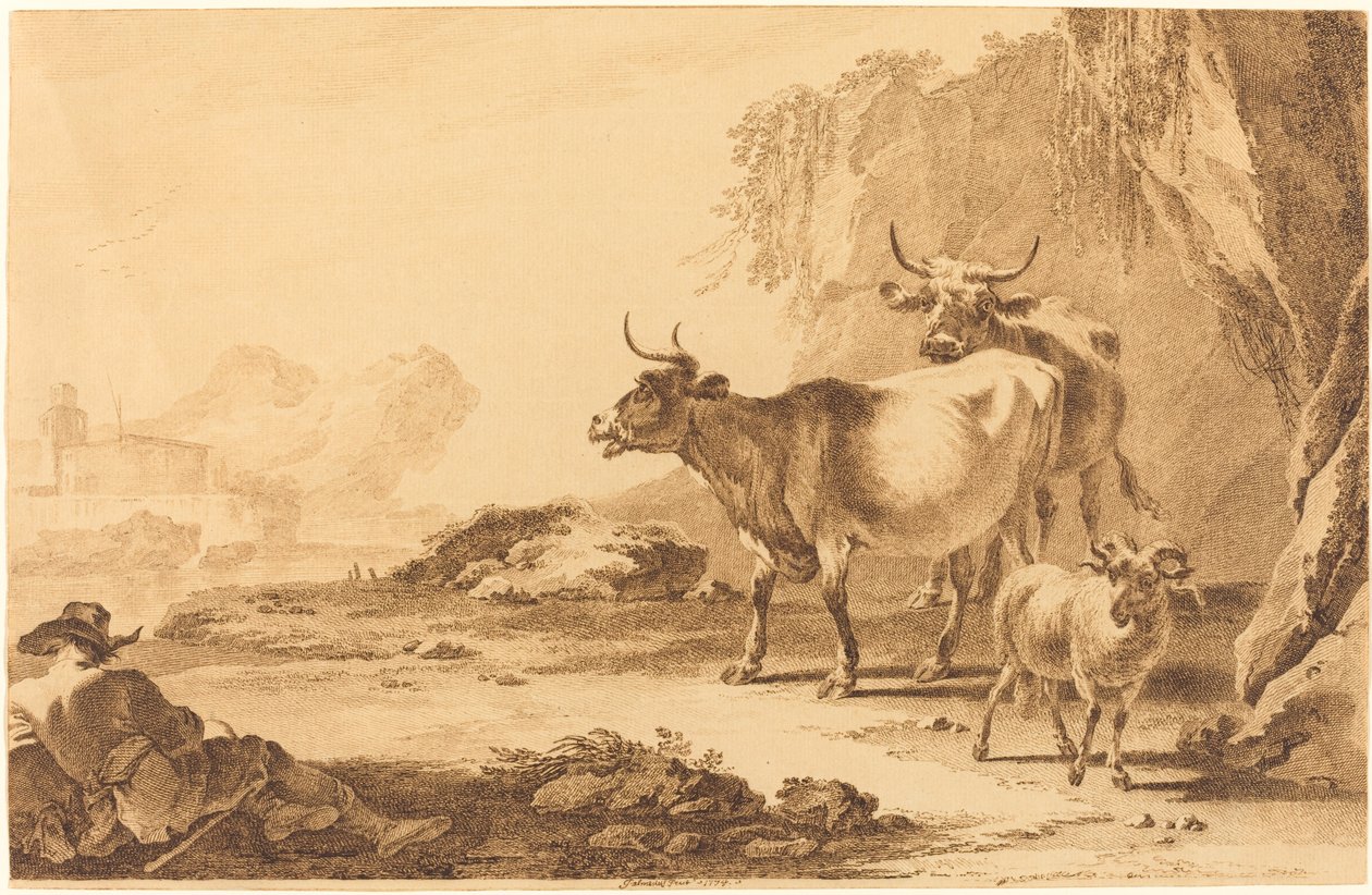 Landscape with Cattle, a Goat, and a Resting Shepherd by Pietro Giacomo Palmieri