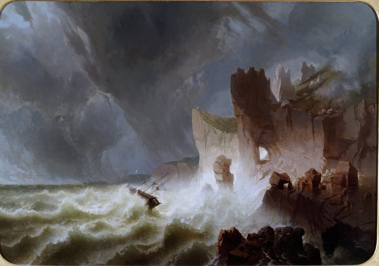 Lone Shore. Marine Landscape with Ship Caught in the Storm and Crashed on the Cliffs. Painting by Pietro Giuria by Pietro Giuria