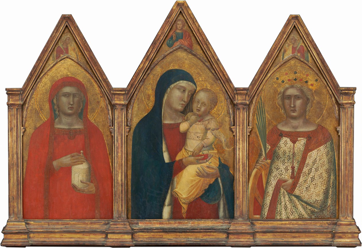 Madonna and Child with the Blessing Christ, and Saints Mary Magdalene and Catherine of Alexandria with Angels [Entire Triptych], Probably 1340 by Pietro Lorenzetti