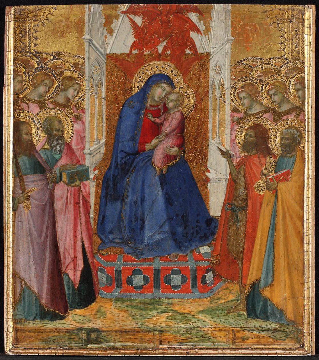 Mary Enthroned with the Child, Adoring Angels and Saints Paul, John the Evangelist, John the Baptist and Peter by Pietro Lorenzetti