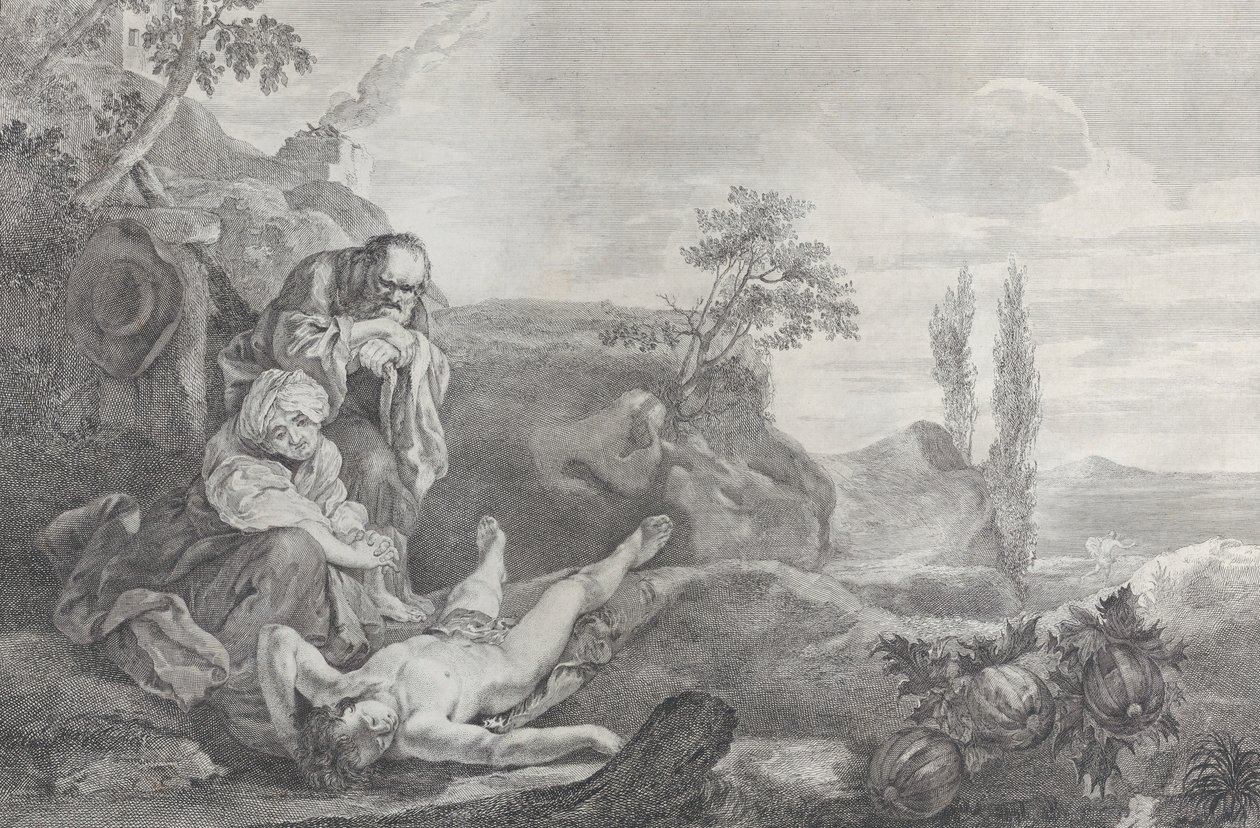 Adam and Eve at left, as an elderly couple, mourning over the corpse of Abel who lies by Pietro Monaco