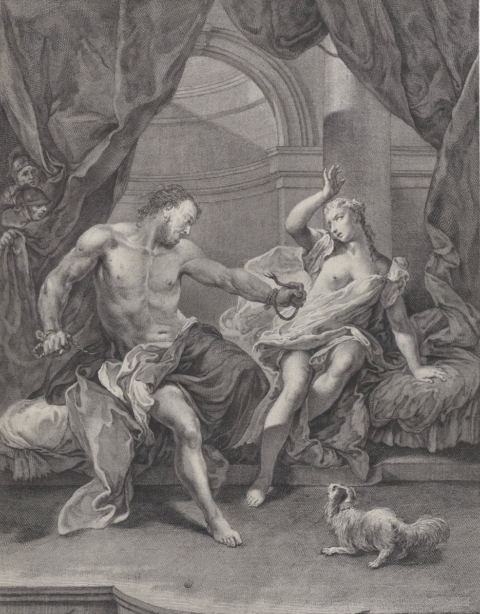 Samson and Delilah Seated on a Bed, Samson Tearing Apart the Ropes Binding His Hand by Pietro Monaco