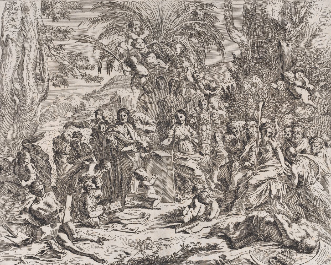 An allegory of painting, who as a child in the centre left draws on a tablet, 1637-38 by Pietro Testa