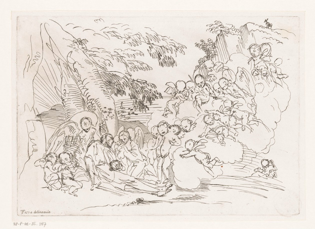 Man with Cross Lying Against Rock, Surrounded by Angels by Pietro Testa