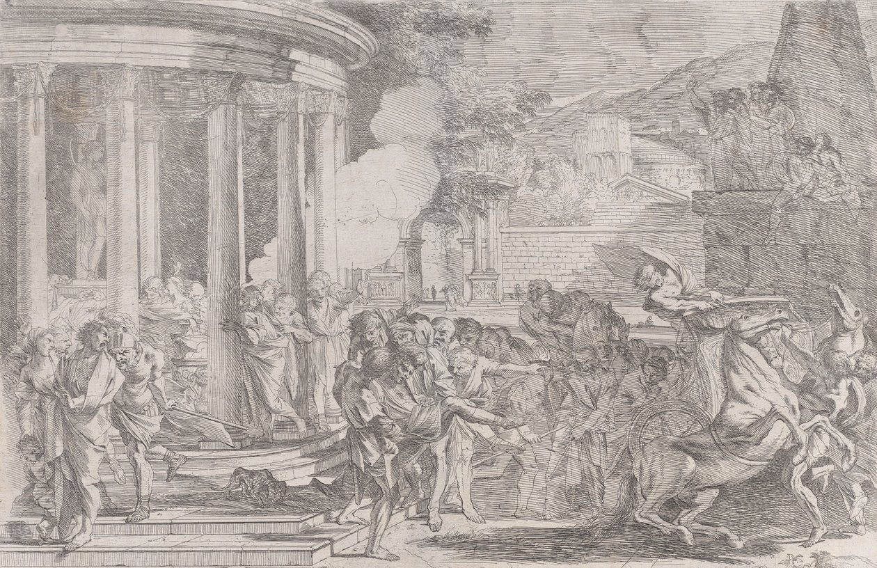 Sinorix carried from the temple of Artemis trying to escape the effects of the poison, ca. 1640 by Pietro Testa