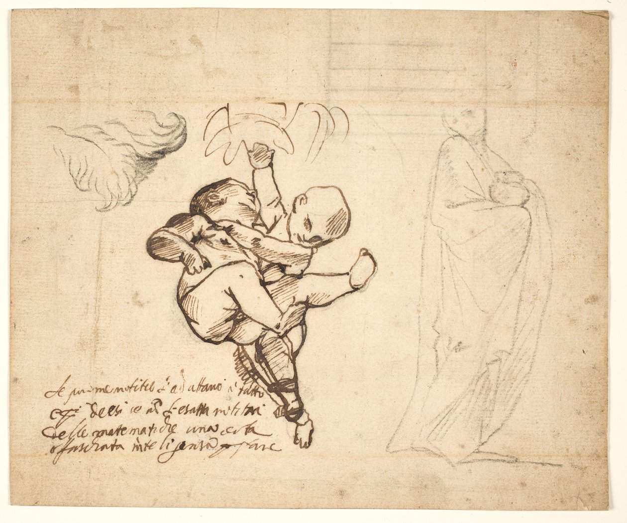 Study for Two Playing Putti, Leaves and a Draped Figure with an Urn by Pietro Testa