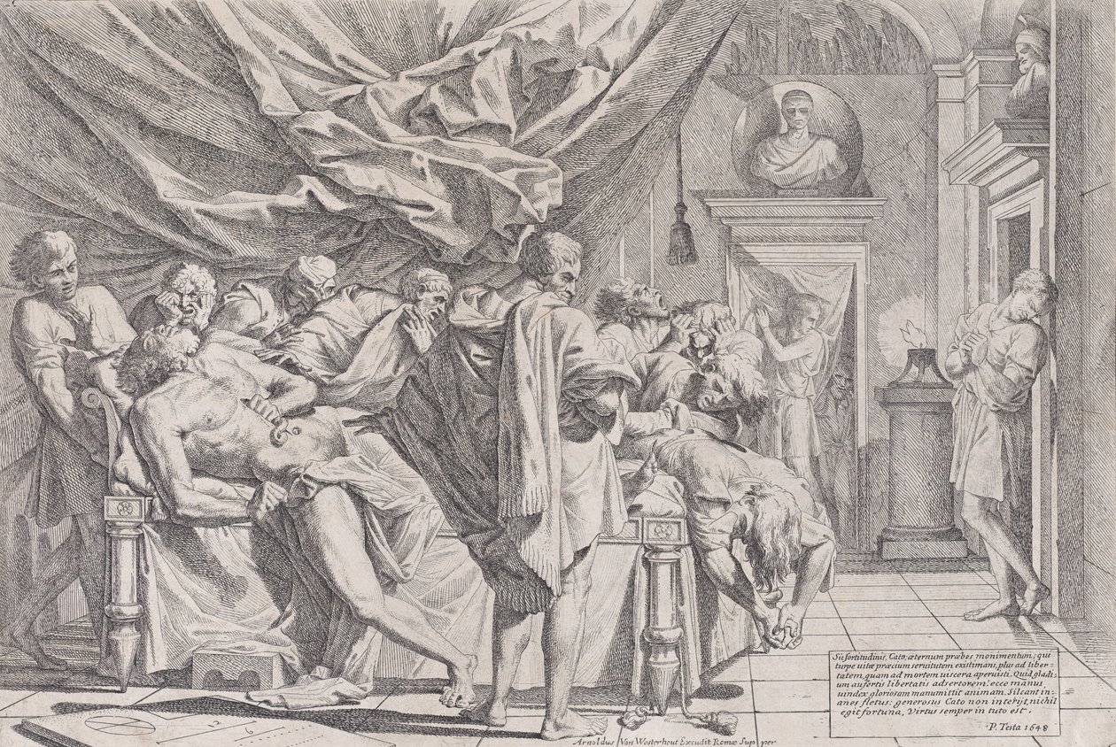 The suicide of the philosopher Cato, who lies on his bed pulling out his innards watched b... by Pietro Testa