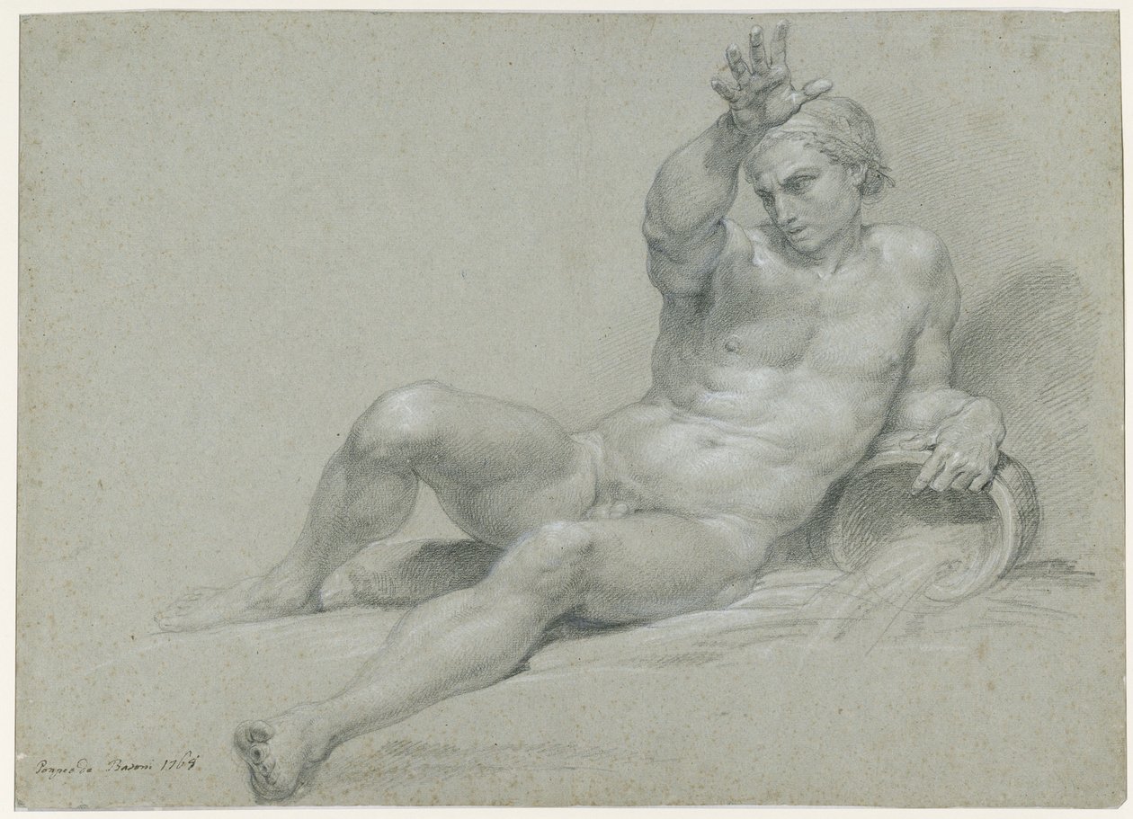 Nude Study of a Reclining Male Model, Right Arm Raised, in the Pose of an Ancient River God, Viewed from the Left by Pompeo Girolamo Batoni