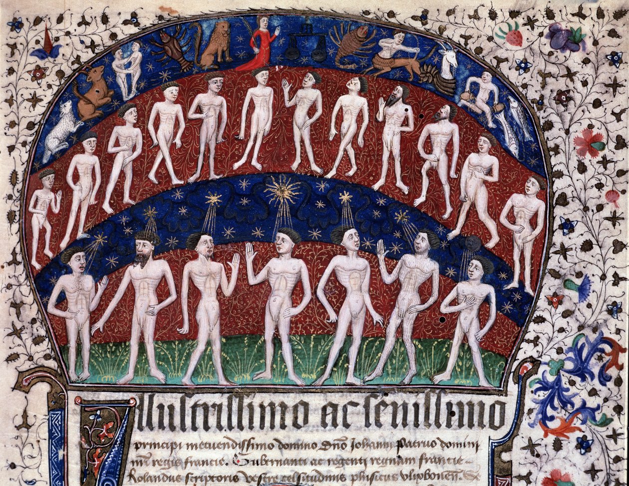 Lisbon, MS 52-XIII-18 f.1r, Miniature Representing the Correspondences Between the Organs and the Planets and the Influence of the Stars on the Moods, from 