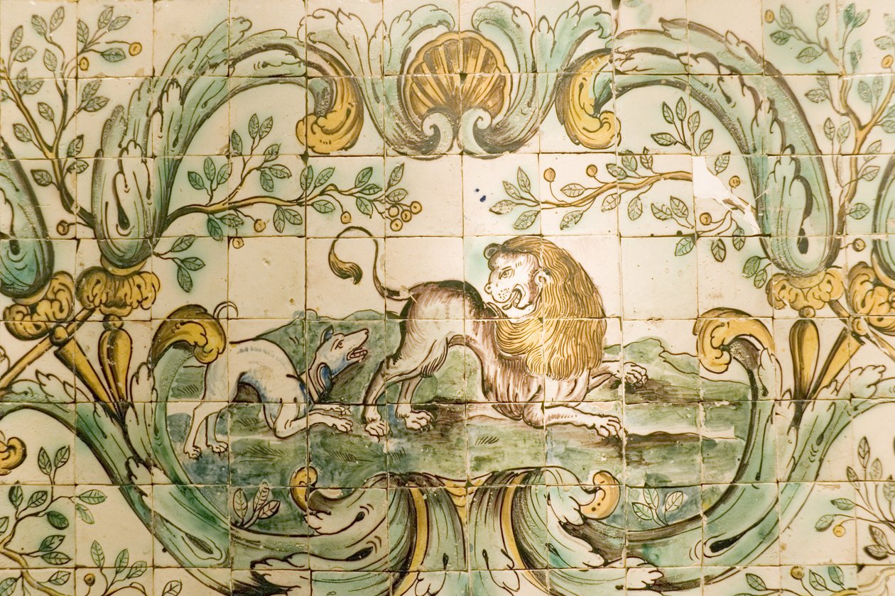 Majolica depicting tiles of a dog chasing a lion, from The Hunting Room at Palacio da Praia, Belem, c.1680 by Portuguese School