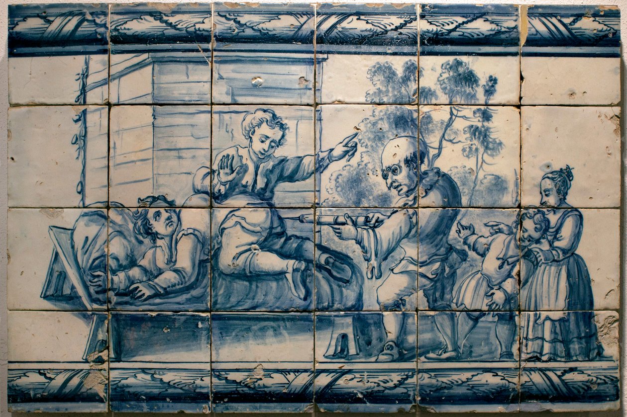 The doctor doing an enema to a patient - Satirical panel of Lisbon, first half 18th century - Musee national des azulejos, Lisbon (Portugal) by Portuguese School