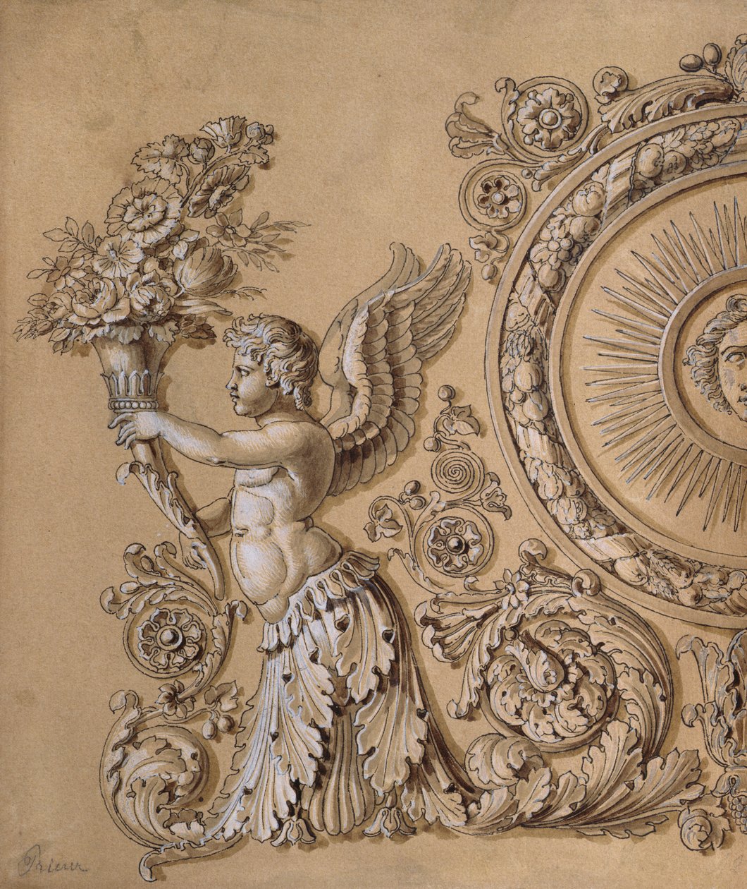 Silverwork Design Depicting a Cherub with Acanthus Leaves, c.1800 by Prieur