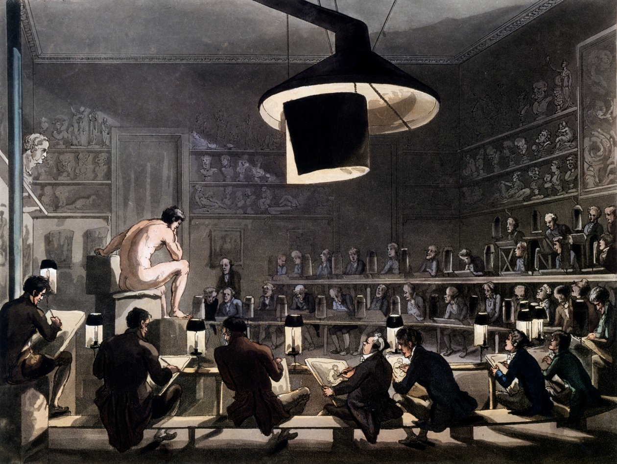 Drawing from Life at the Royal Academy, Somerset House, London, from Microcosm of London by R. Ackermann, 1810 by Pugin and Rowlandson