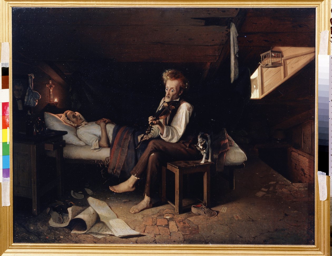 A Mad Violinist at Mother's Deathbed. In a miserable room, set up in ...