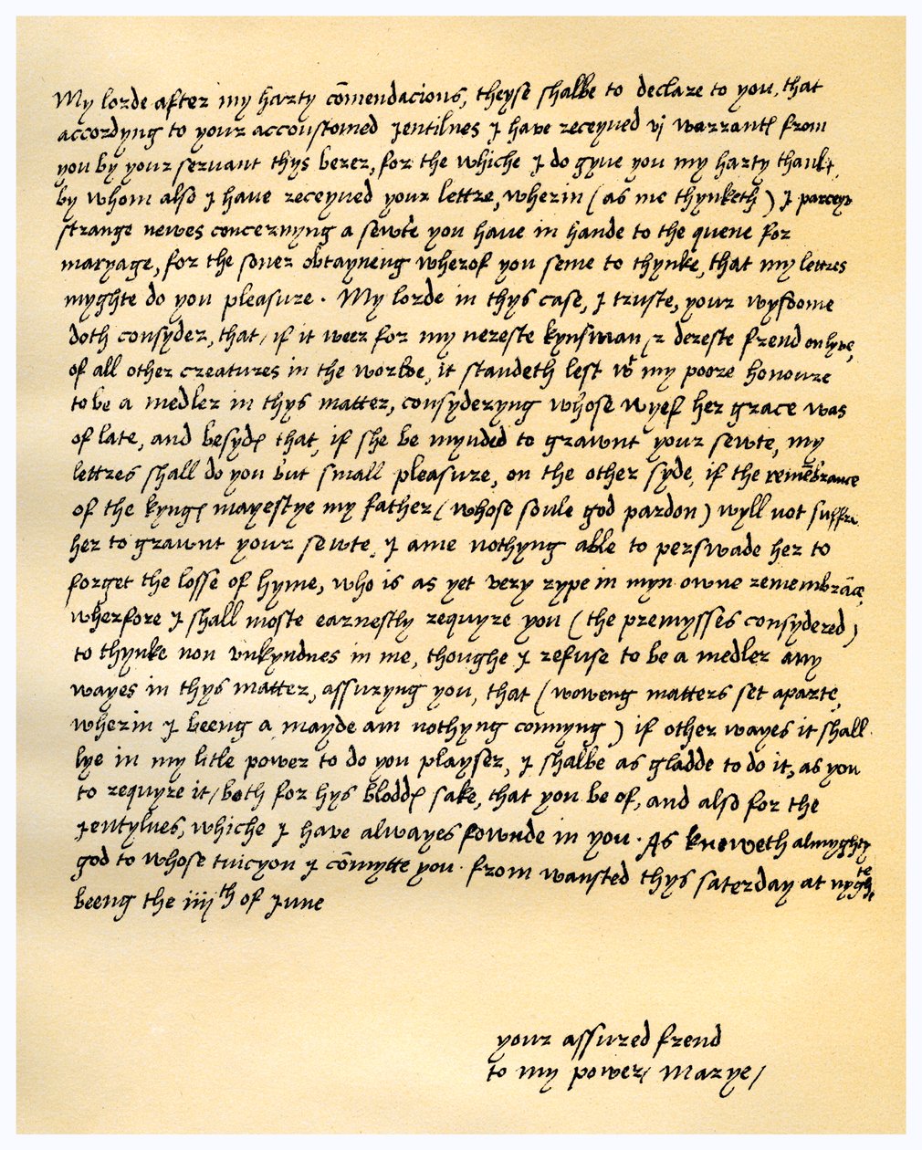 Letter from Queen Mary I to Lord Seymour of Sudeley