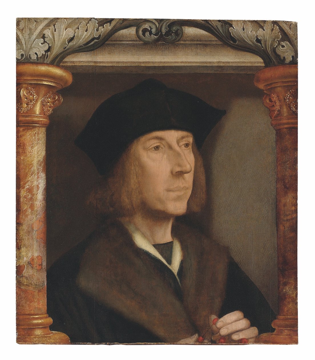 Portrait of gentleman, bust-length, in a fur-lined coat, telling a rosary, set in an architectural surround by Quentin Massys or Metsys