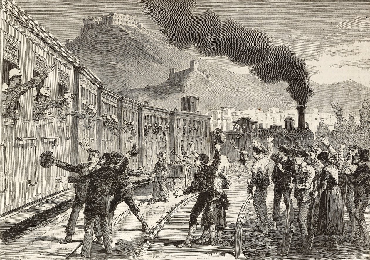 Men and women saying goodbye to Italian soldiers leaving from Cassino railway station, Italy by Quinto Cenni
