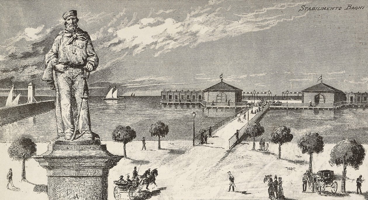 Monument in memory of Giuseppe Garibaldi, Italian politician and patriot, and bathing establishment in the background, Cesenatico, Italy by Quinto Cenni