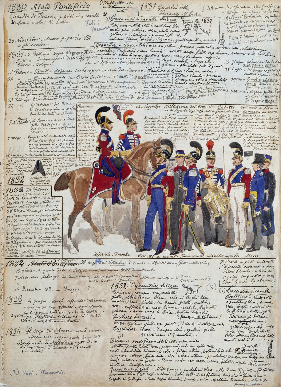 Officers and Cadets on Foot and on Horseback, Papal States Uniforms by Quinto Cenni