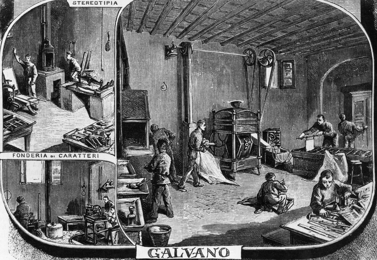 Offices of Treves brothers, font casting and stereotype print department, Milan, Italy, illustration by Quinto Cenni from L