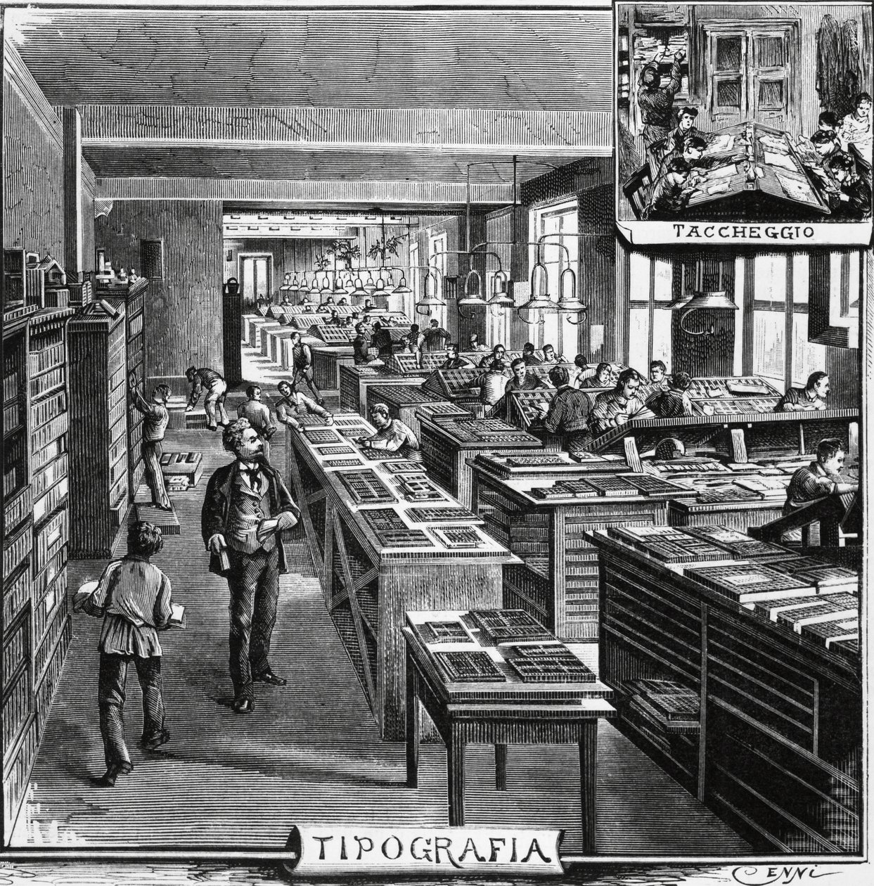 Offices of Treves brothers, typography and overlaying, Milan, Italy, illustration by Quinto Cenni from L
