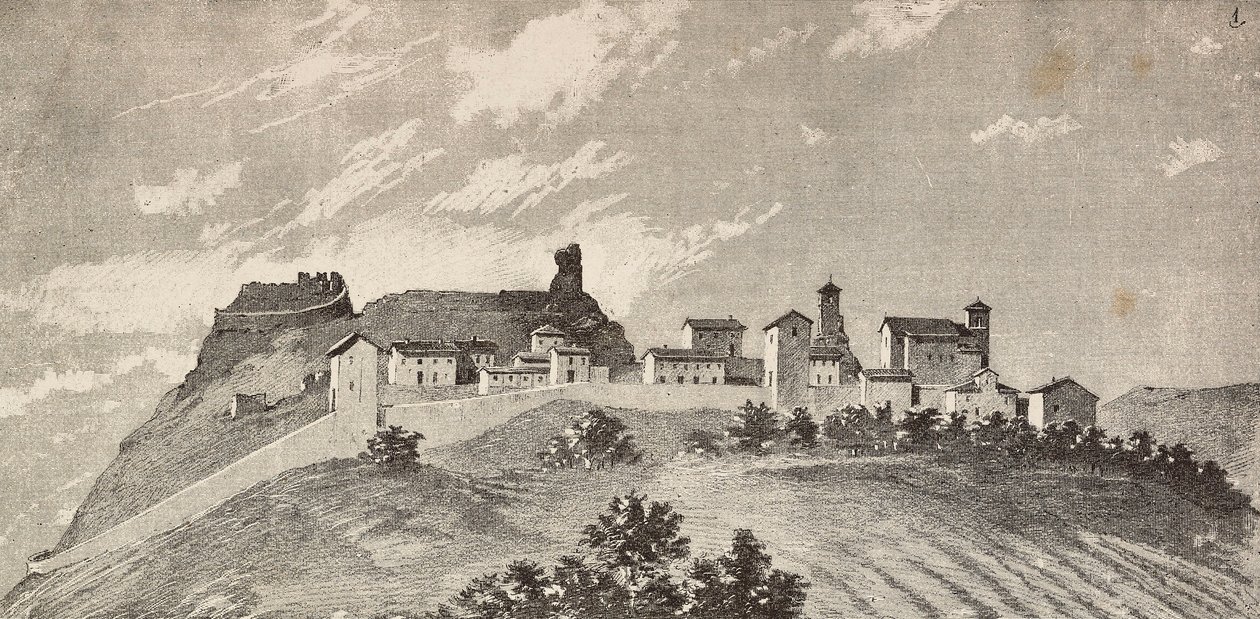 The town of San Giovanni in Galilea, Italy, engraving from a drawing by Quinto Cenni and a sketch by Ulisse Topi, from L