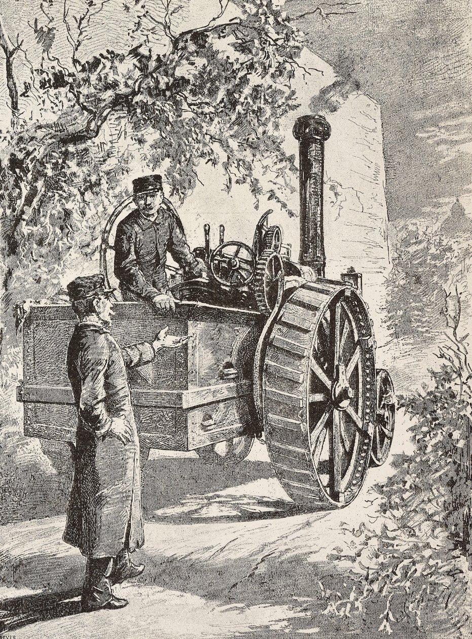 Two Italian military engineers on road locomotive, in their new uniforms, engraving from drawing by Quinto Cenni, from L