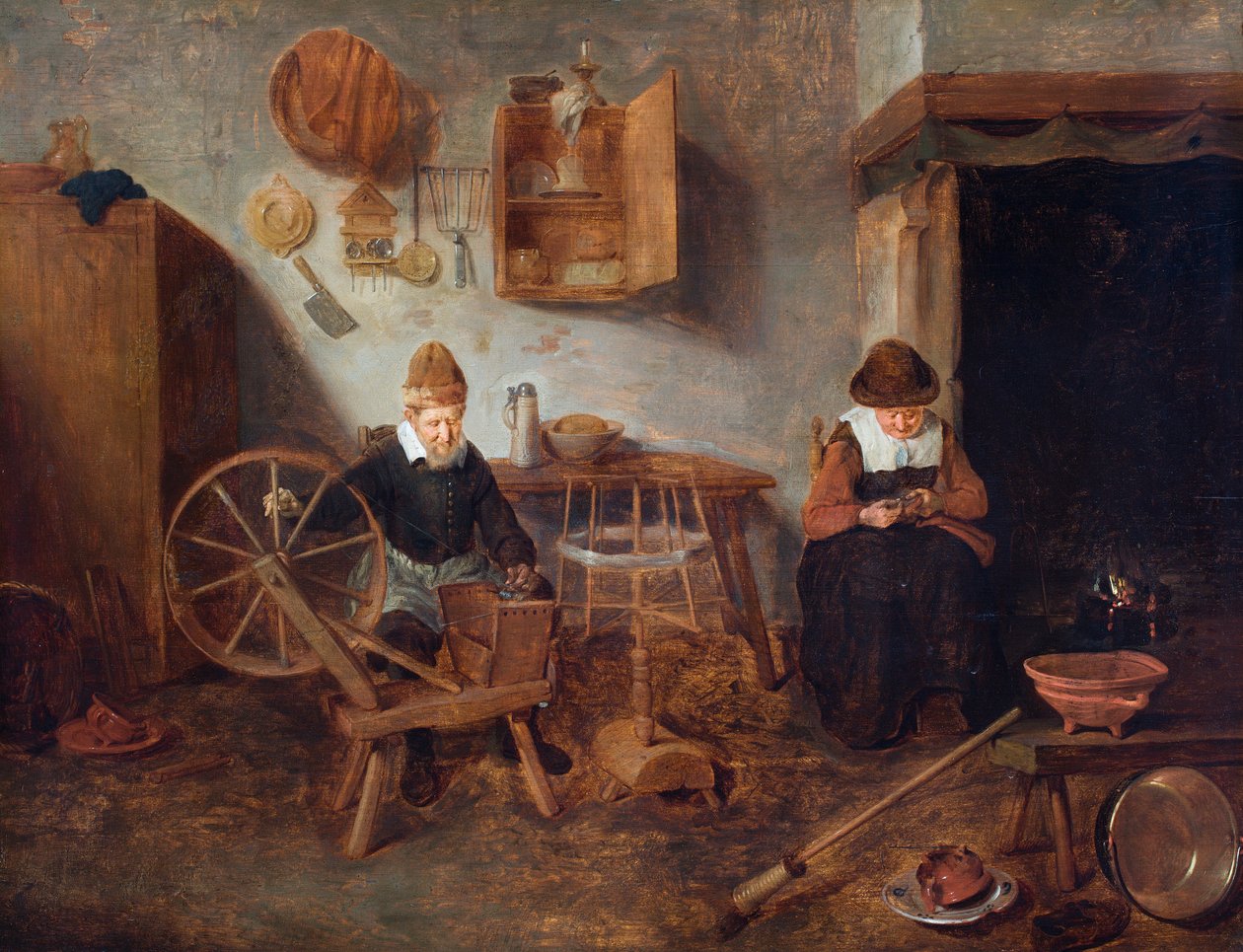 An Interior with an Old Man Spinning and an Old Woman Sewing Beside a Fire by Quiringh Gerritsz. van Brekelenkam