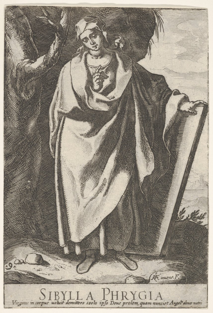 Plate 9: the Phrygian Sibyl holding the top of a tablet with her left hand and pointing by Raffaello Schiaminossi