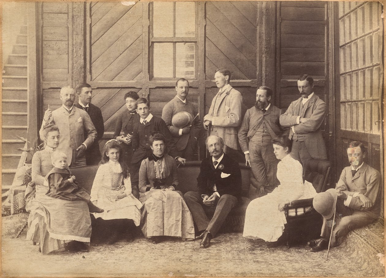 Shimla, 17th May 1887: Viceregal party. Lord William Beresford, Military Secretary, Captain Leonard Gordon A.D.C., Mademoiselle Clerc, The Honorable Basit Blackwood, Major F. R. Hamilton A.D.C., Mr. Oglivie Grant, Sir Donald Mackenzie Wallace K.C.E. by Raja Deen Dayal