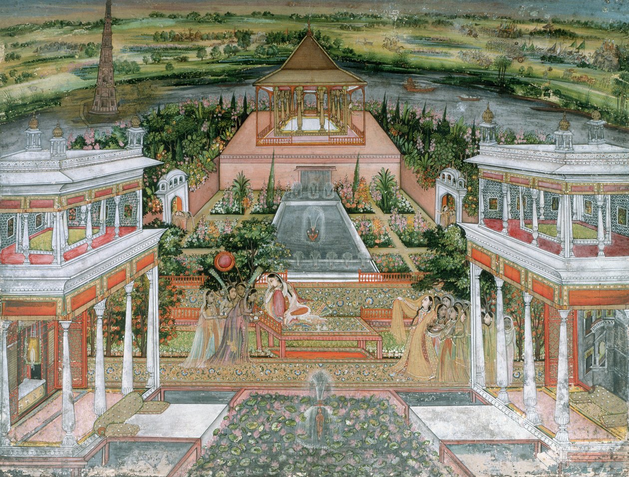 A Mughal Princess being Entertained by Female Attendants in a Palace Garden in Rajasthan by Rajput School