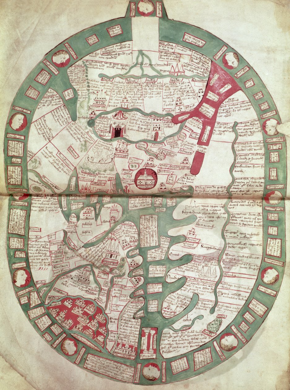 Map of the World with Jerusalem as the Centre, Polychronicon, c.1380 by Ranulf Higden